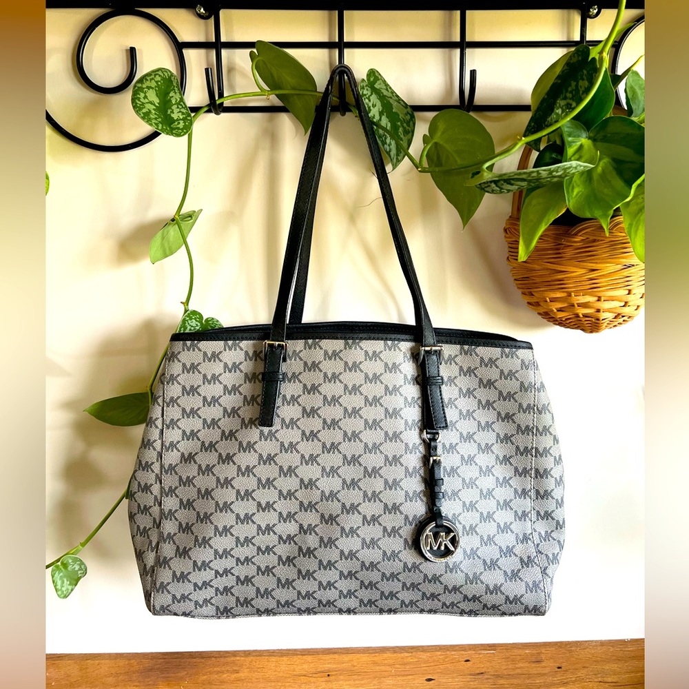 Michael Kors Jet Set Tote Gray Signature Monogram Handbag MK Logo Shoulder Bag